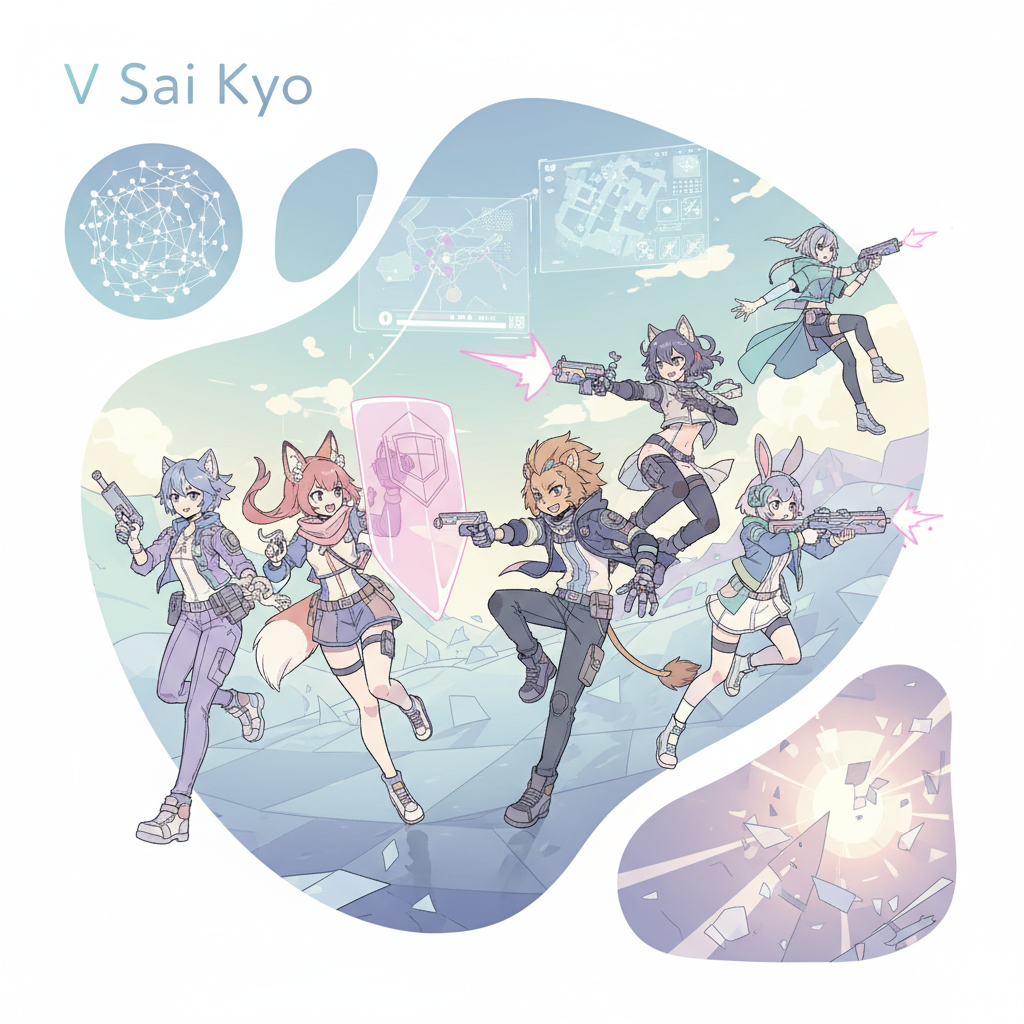 VTuber虛擬偶像在V最協決定戰中團隊合作進行APEX LEGENDS遊戲比賽的熱血插畫