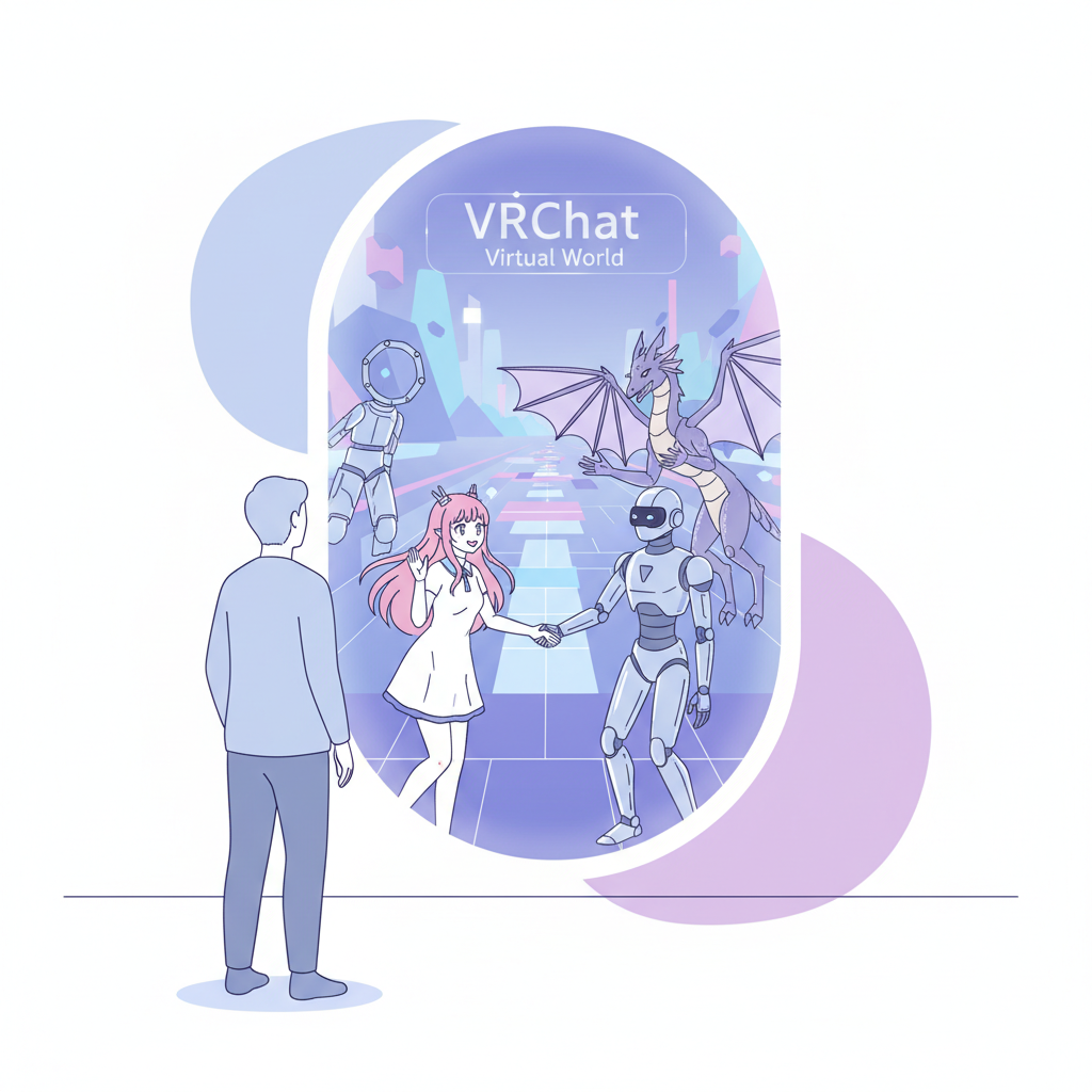 一位使用者望向一個發光的入口，入口內是VRChat的虛擬世界，裡面有包含VTuber在內的多個風格各異的虛擬化身在社交，象徵VRChat的自由、社交與創造力。